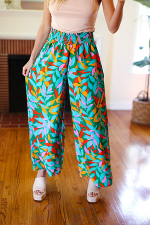 Summer Vibes Green & Orange Abstract Print Smocked Palazzo Pants - Coeur de la Mode