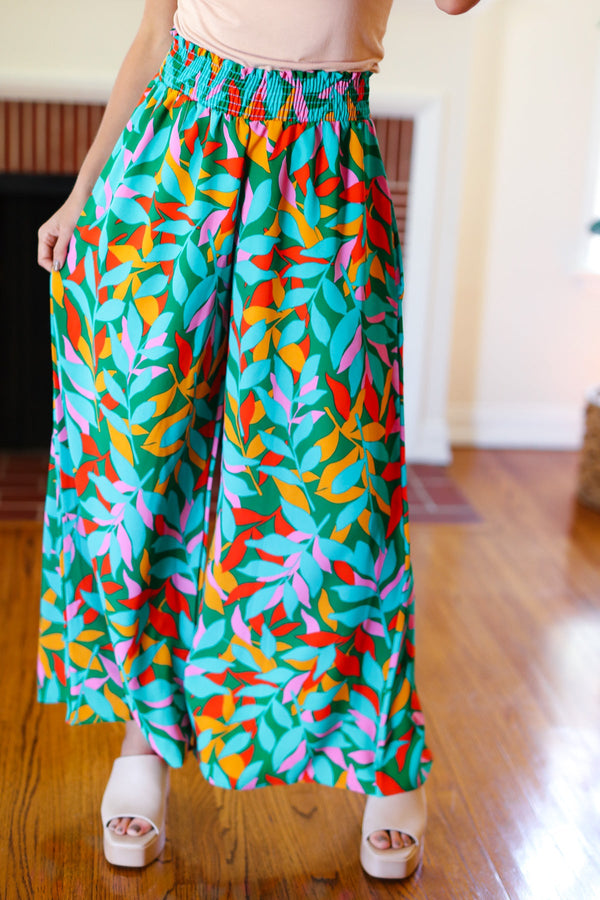 Summer Vibes Green & Orange Abstract Print Smocked Palazzo Pants - Coeur de la Mode