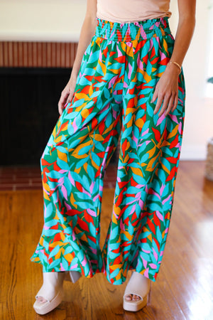 Summer Vibes Green & Orange Abstract Print Smocked Palazzo Pants - Coeur de la Mode