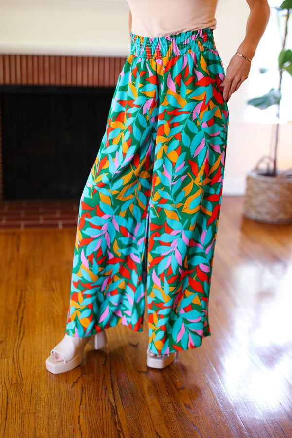 Summer Vibes Green & Orange Abstract Print Smocked Palazzo Pants - Coeur de la Mode