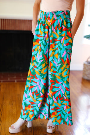 Summer Vibes Green & Orange Abstract Print Smocked Palazzo Pants - Coeur de la Mode