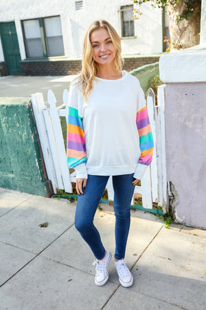 Stand Out Cream Stripe Drop Shoulder Hacci Knit Pullover - Coeur de la Mode
