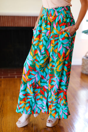 Summer Vibes Green & Orange Abstract Print Smocked Palazzo Pants - Coeur de la Mode