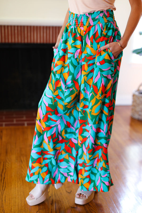 Summer Vibes Green & Orange Abstract Print Smocked Palazzo Pants - Coeur de la Mode