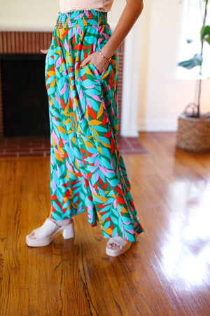 Summer Vibes Green & Orange Abstract Print Smocked Palazzo Pants - Coeur de la Mode