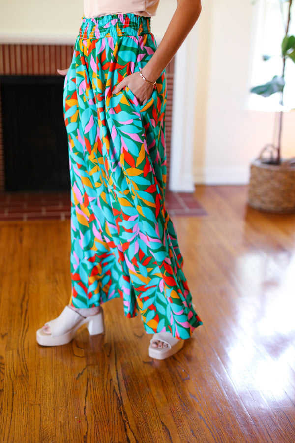 Summer Vibes Green & Orange Abstract Print Smocked Palazzo Pants - Coeur de la Mode