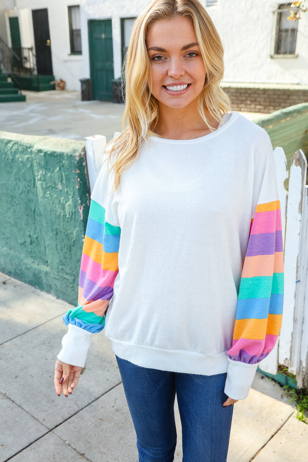 Stand Out Cream Stripe Drop Shoulder Hacci Knit Pullover - Coeur de la Mode