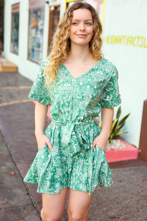 Sage Green Boho Surplice Pocketed Romper - Coeur de la Mode