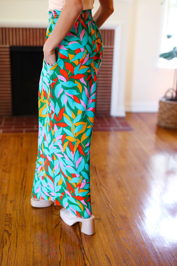 Summer Vibes Green & Orange Abstract Print Smocked Palazzo Pants - Coeur de la Mode