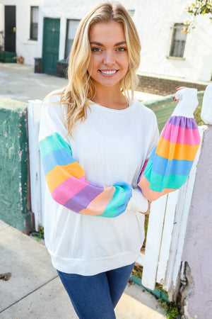 Stand Out Cream Stripe Drop Shoulder Hacci Knit Pullover - Coeur de la Mode