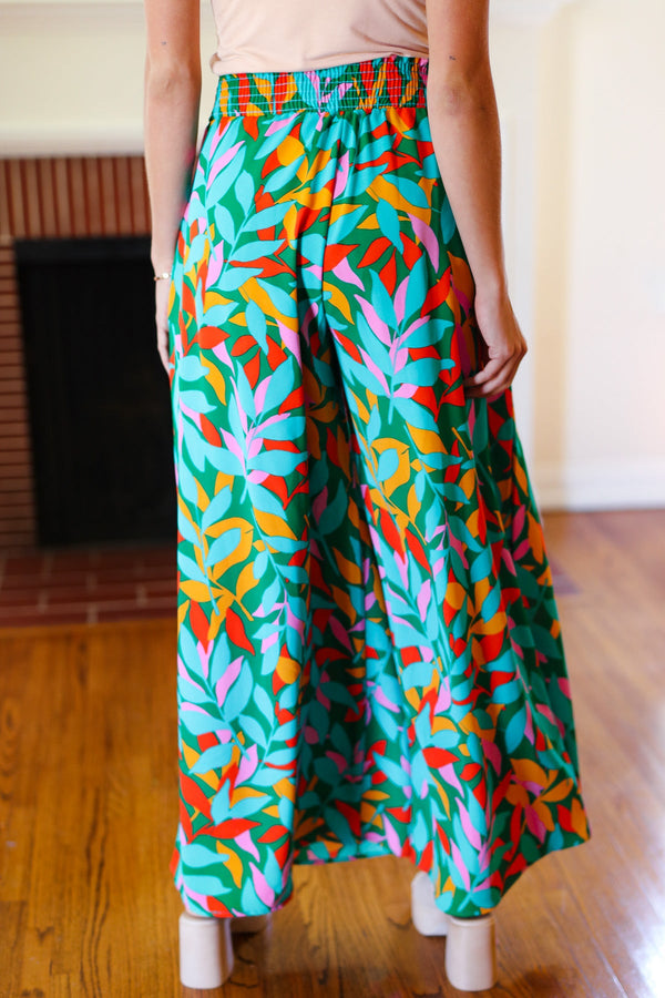 Summer Vibes Green & Orange Abstract Print Smocked Palazzo Pants - Coeur de la Mode