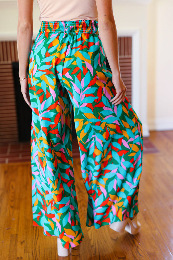 Summer Vibes Green & Orange Abstract Print Smocked Palazzo Pants - Coeur de la Mode