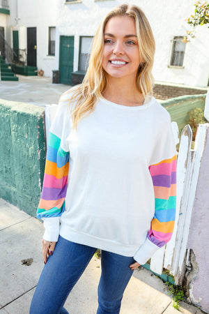 Stand Out Cream Stripe Drop Shoulder Hacci Knit Pullover - Coeur de la Mode