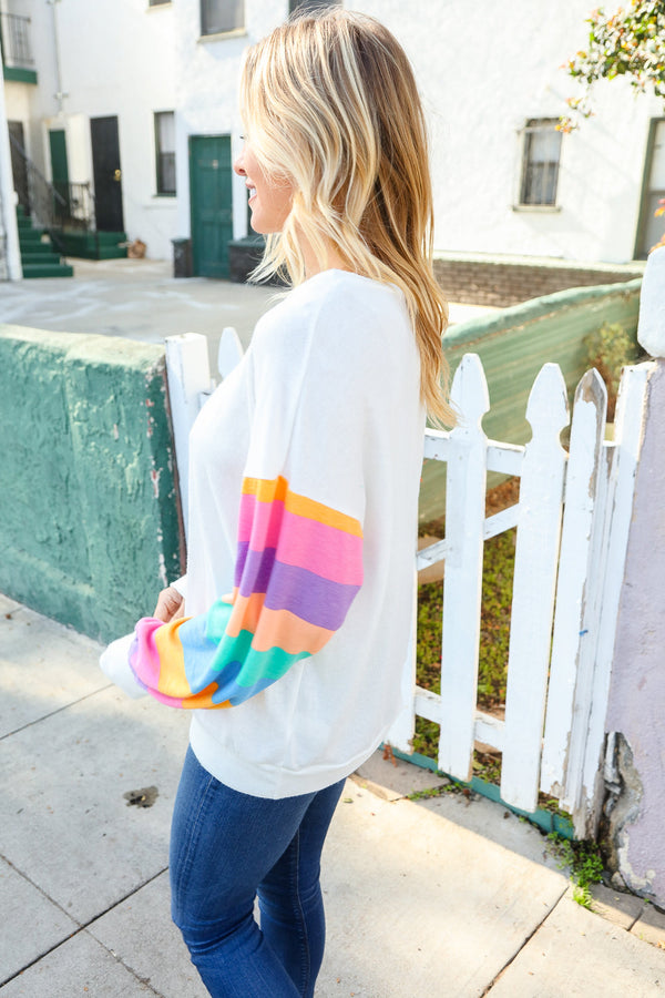 Stand Out Cream Stripe Drop Shoulder Hacci Knit Pullover - Coeur de la Mode