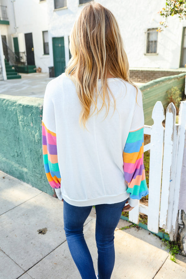 Stand Out Cream Stripe Drop Shoulder Hacci Knit Pullover - Coeur de la Mode