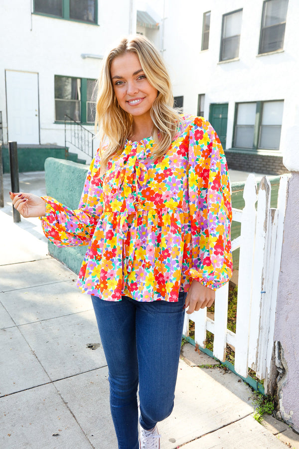 Chasing Dreams Ribbon Tie Bow Babydoll Puff Elastic Sleeve Floral Top - Coeur de la Mode