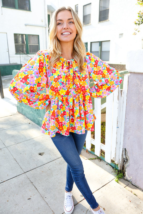 Chasing Dreams Ribbon Tie Bow Babydoll Puff Elastic Sleeve Floral Top - Coeur de la Mode