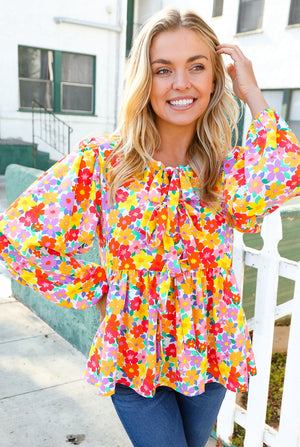 Chasing Dreams Ribbon Tie Bow Babydoll Puff Elastic Sleeve Floral Top - Coeur de la Mode