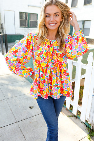 Chasing Dreams Ribbon Tie Bow Babydoll Puff Elastic Sleeve Floral Top - Coeur de la Mode