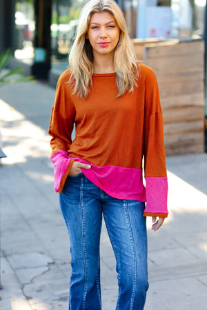 Fuchsia & Rust Color Block Hacci Top - Coeur de la Mode
