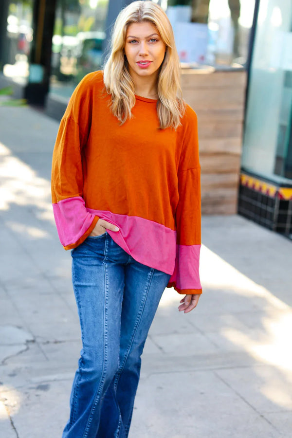 Fuchsia & Rust Color Block Hacci Top - Coeur de la Mode