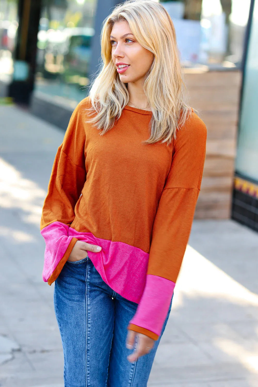Fuchsia & Rust Color Block Hacci Top - Coeur de la Mode
