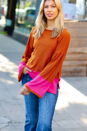 Fuchsia & Rust Color Block Hacci Top - Coeur de la Mode