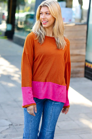 Fuchsia & Rust Color Block Hacci Top - Coeur de la Mode
