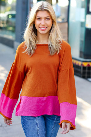 Fuchsia & Rust Color Block Hacci Top - Coeur de la Mode