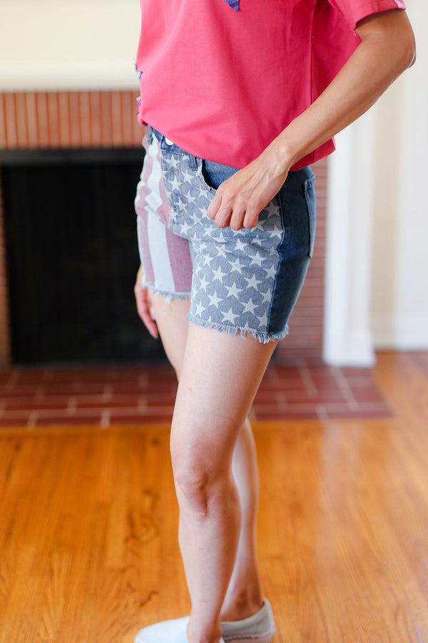 American Flag High Rise Frayed Hem Denim Shorts - Coeur de la Mode