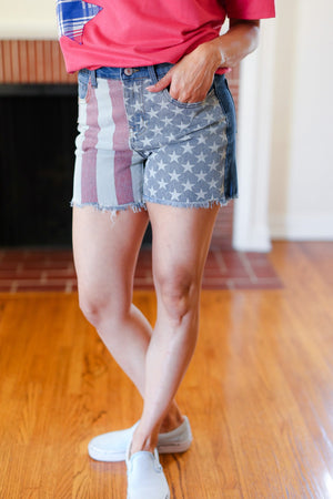American Flag High Rise Frayed Hem Denim Shorts - Coeur de la Mode