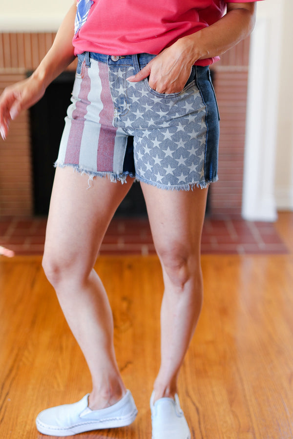 American Flag High Rise Frayed Hem Denim Shorts - Coeur de la Mode
