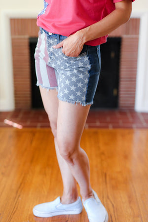 American Flag High Rise Frayed Hem Denim Shorts - Coeur de la Mode