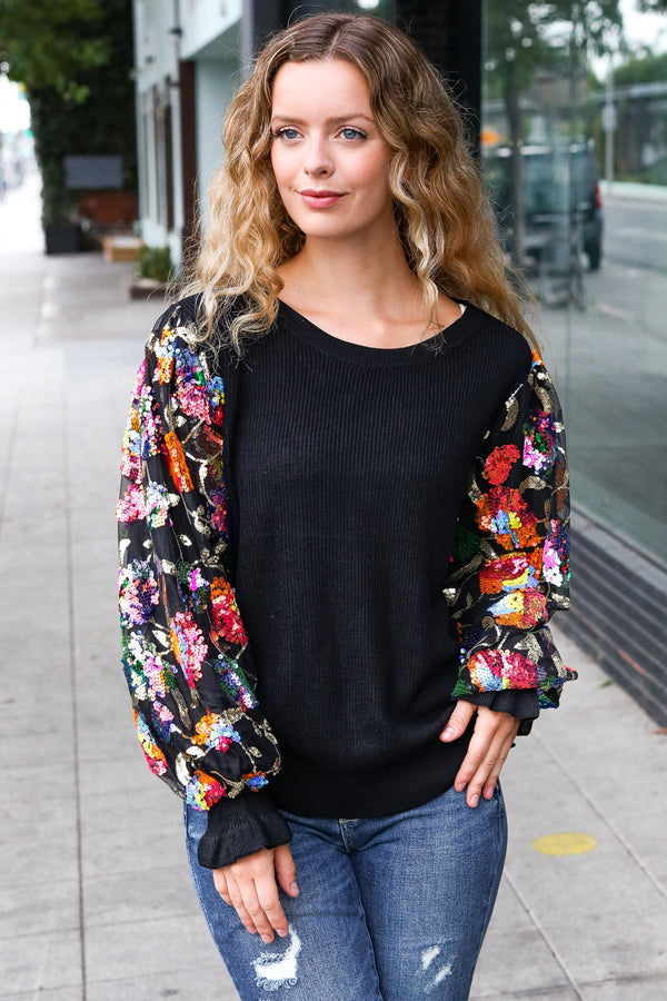Diva Dreams Black Floral Sequin Mesh Sleeve Rib Knit Top - Coeur de la Mode