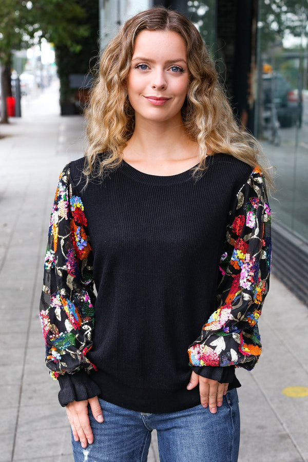 Diva Dreams Black Floral Sequin Mesh Sleeve Rib Knit Top - Coeur de la Mode