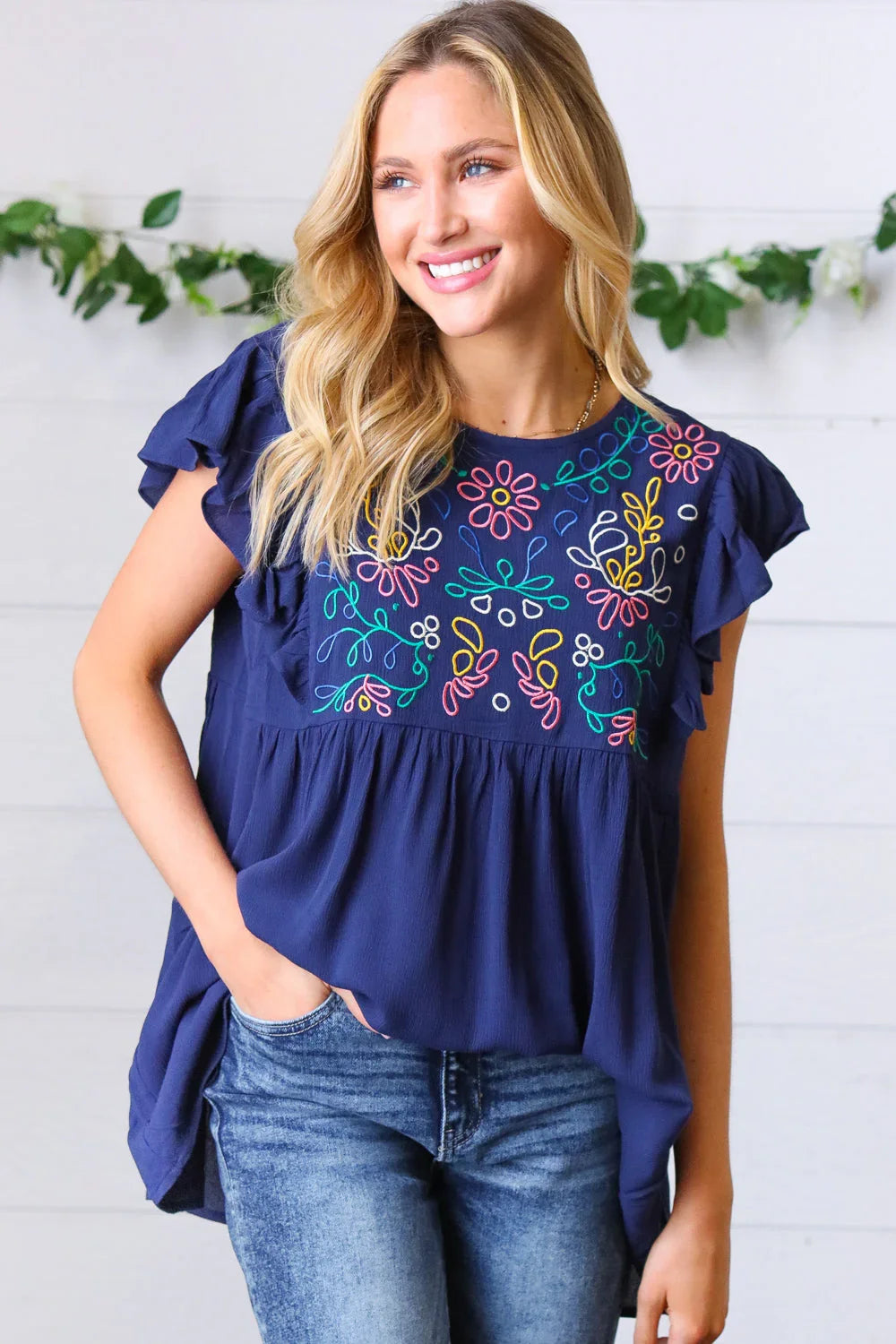 Navy Floral Embroidered Flutter Sleeve Top - Coeur de la Mode