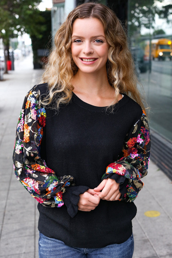 Diva Dreams Black Floral Sequin Mesh Sleeve Rib Knit Top - Coeur de la Mode