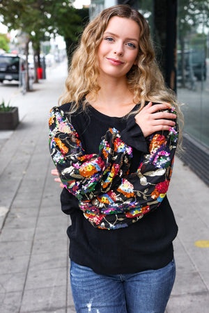 Diva Dreams Black Floral Sequin Mesh Sleeve Rib Knit Top - Coeur de la Mode
