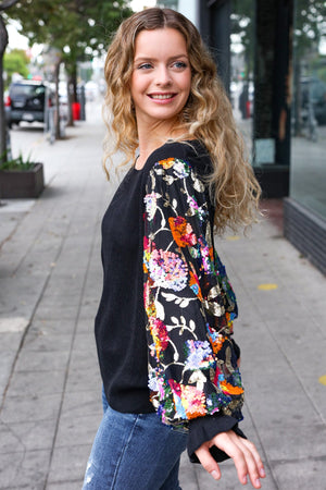 Diva Dreams Black Floral Sequin Mesh Sleeve Rib Knit Top - Coeur de la Mode