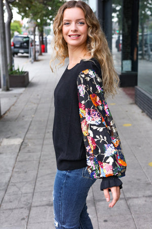 Diva Dreams Black Floral Sequin Mesh Sleeve Rib Knit Top - Coeur de la Mode