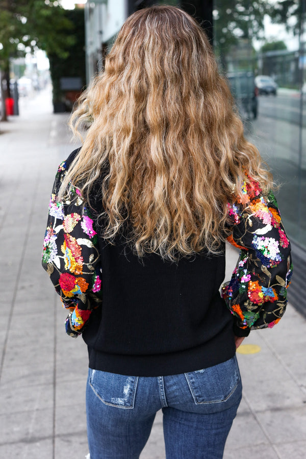 Diva Dreams Black Floral Sequin Mesh Sleeve Rib Knit Top - Coeur de la Mode