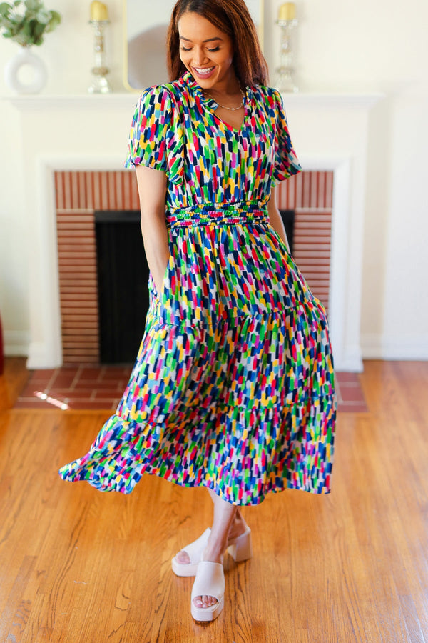 All For You Navy Multicolor Abstract Print Smocked Waist Maxi Dress - Coeur de la Mode