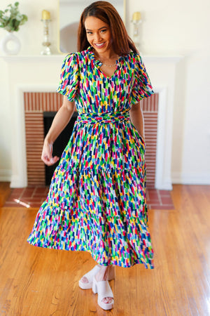All For You Navy Multicolor Abstract Print Smocked Waist Maxi Dress - Coeur de la Mode