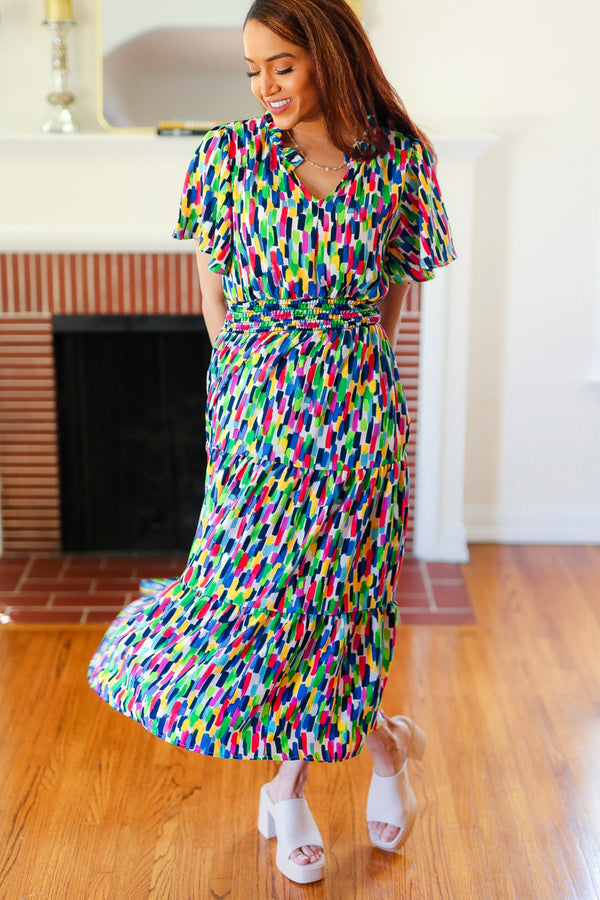 All For You Navy Multicolor Abstract Print Smocked Waist Maxi Dress - Coeur de la Mode