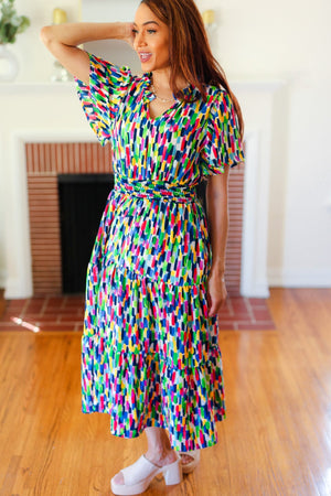 All For You Navy Multicolor Abstract Print Smocked Waist Maxi Dress - Coeur de la Mode