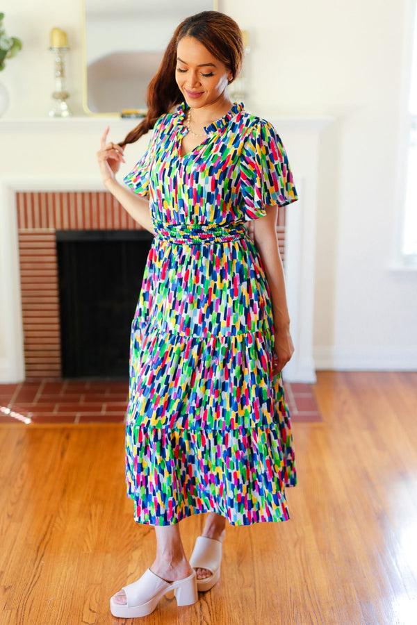 All For You Navy Multicolor Abstract Print Smocked Waist Maxi Dress - Coeur de la Mode