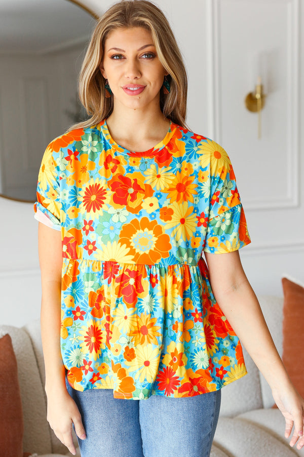 Sunflower& Red Retro Floral Swing Babydoll Top - Coeur de la Mode