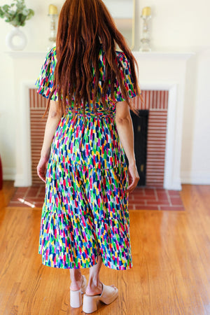 All For You Navy Multicolor Abstract Print Smocked Waist Maxi Dress - Coeur de la Mode