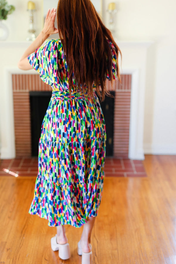 All For You Navy Multicolor Abstract Print Smocked Waist Maxi Dress - Coeur de la Mode