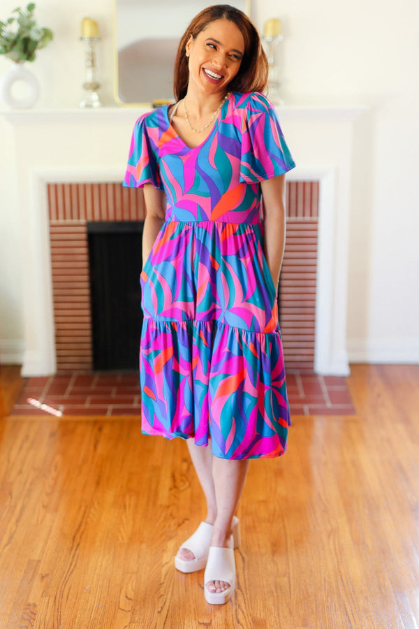 Remember Me Blue & Fuchsia Geo Print V Neck Dress - Coeur de la Mode